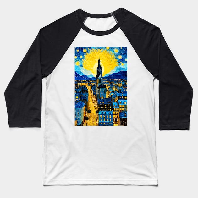 Vincent van Gogh starry night style city Baseball T-Shirt by Spaceboyishere